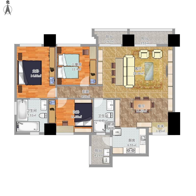 129平现代简约三居室装修案例