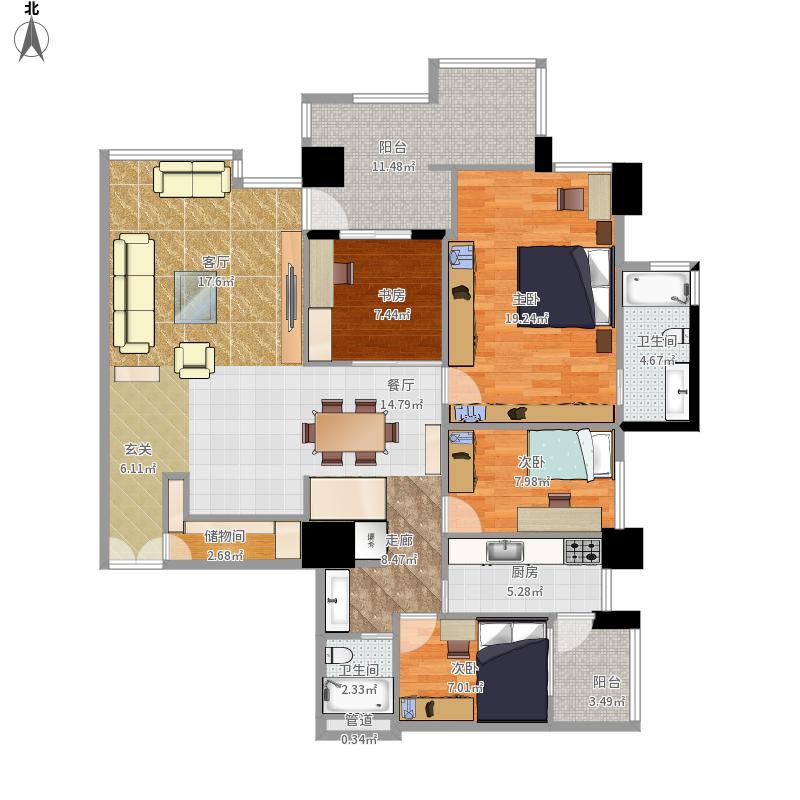 132平方混搭三居室装修案例