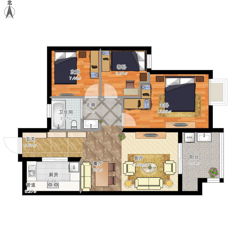 88平现代简约三居室装修案例